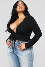 Load image into Gallery viewer, Poker Face Long Sleeve Front Tie Top - Black
