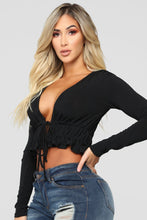 Load image into Gallery viewer, Poker Face Long Sleeve Front Tie Top - Black
