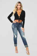 Load image into Gallery viewer, Poker Face Long Sleeve Front Tie Top - Black
